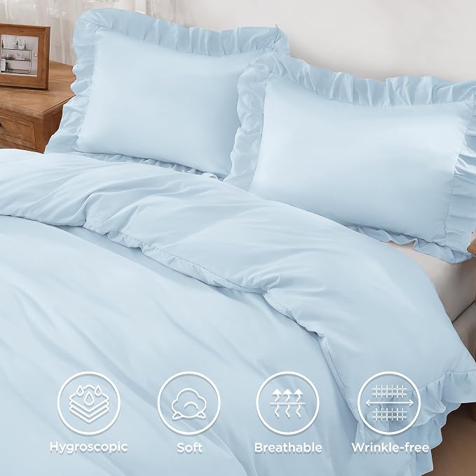 Andency Light Blue Ruffle Duvet Cover King, Shabby Chic Bedding Set | 3 Pieces Soft Washed Polyester Vintage Ruffled Comforter Cover Set with Zipper Closure & Corner Ties, 104x90Inch