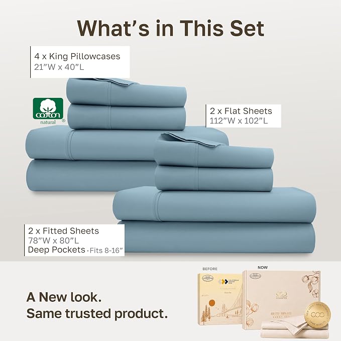 California Design Den 2-Pack Soft 100% Cotton King Bed Sheet Set, Sky Blue | 400 Thread Count Backed by Good Housekeeping Seal, 16" Deep Pocket, All-Around Elastic, Durable, Easy Care