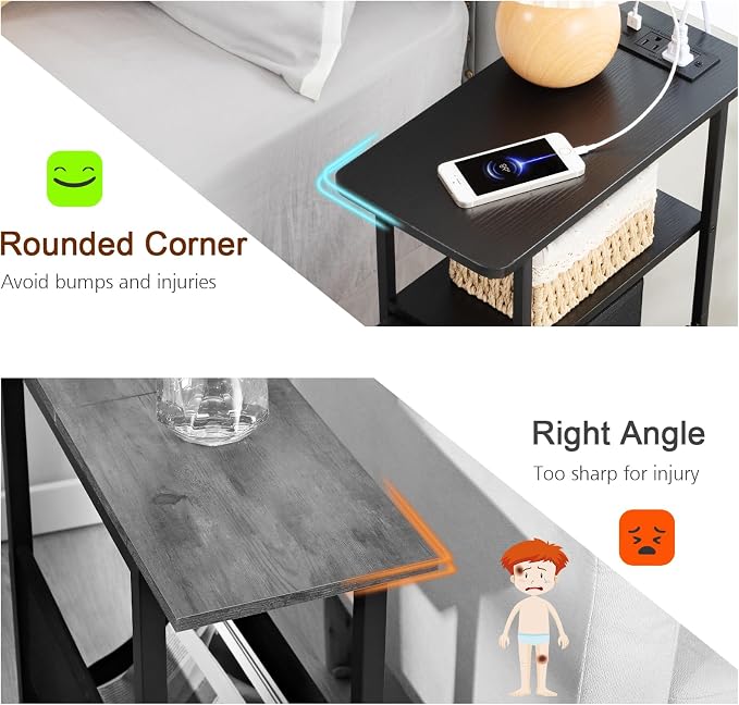 LOAKEKEL Narrow End Table with Charging Station, Small Nightstand | Skinny Side Tables Living Room with 2 Fabric Drawers, Slim Bedside Table for Bedroom, Small Spaces, Couch, Black