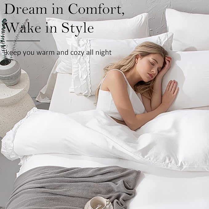 Bedorm White Ruffle Duvet Cover Twin Shabby Chic Bedding Set Pleat Ruffled Farmhouse Pure White Comforter Cover Extra Soft & Easy Care Boho Duvet Cover Set