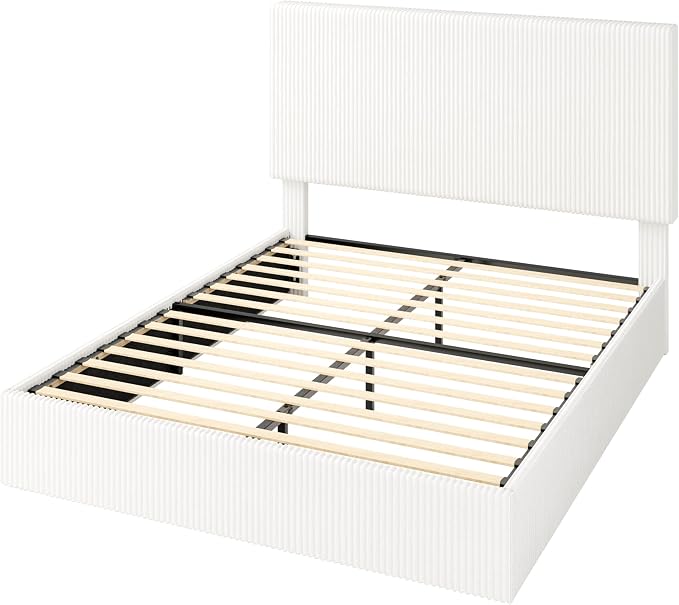 Allewie Full Bed Frame, Adjustable Corduroy Headboard, Platform, White | Adjustable Headboard, Corduroy Fabric, Low Profile, Wooden Slats, 800 lb Capacity, No Box Spring Needed
