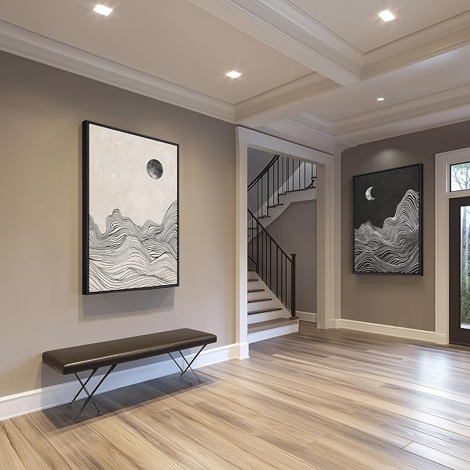 Large Framed Black White Abstract Wall Art for Living Room Set of 2, 24x36 | Mountain moon, Canvas prints, Modern pictures, Black and white gray, Minimalist artwork, Black frame, Bedroom wall decor