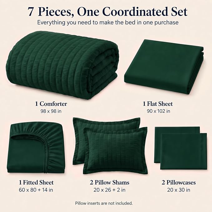 Oversized Queen Seersucker Comforter Set, Emerald Green, 98 x 98 in | OEKO-TEX Certified, 7 Pieces Bed in a Bag with 240 GSM Down Alternative Comforter, Flat & Fitted Sheets, Pillowcases & Shams
