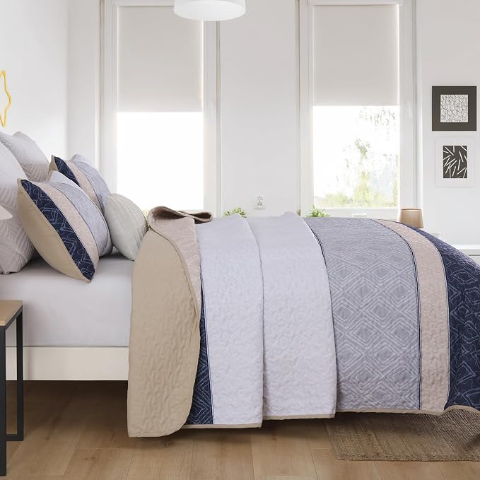 Cottolester Quilt Set Queen,3 Pcs Khaki Navy Blue Striped Plaid Bedspread | Ultra Soft Summer Lightweight Coverlets Set for Men Women,Microfiber Patchwork Quilt Bedding Sets for All Seasons 96"x90"