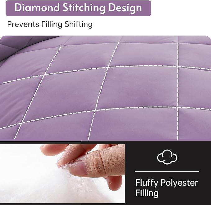 7 Pieces King Comforter Set, Reversible Bed in a Bag King Size, All Season Bedding Set with Comforter, Flat Sheet, Fitted Sheet, Pillowcases & Shams, Greyish Purple & Light Grey