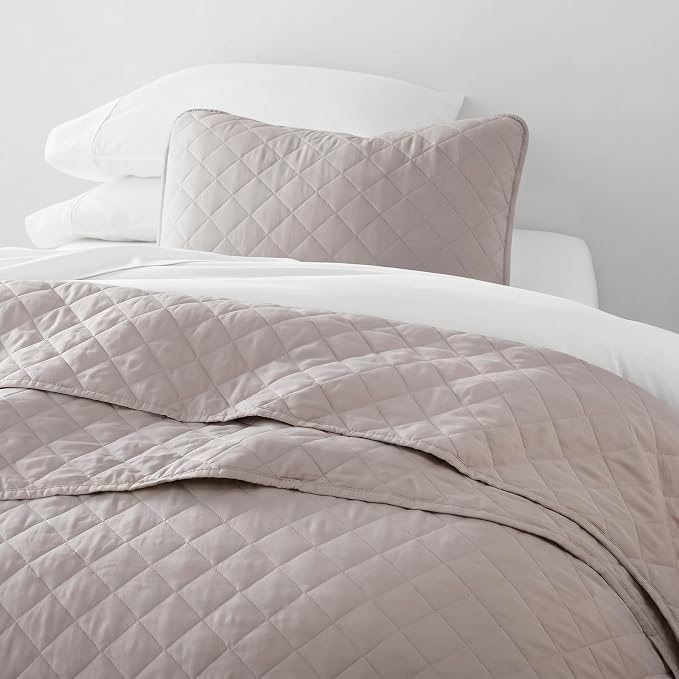 Merit Linens Modern Quilt Coverlet Soft Set in Diamond Stitching - Twin/TwinXL Latte