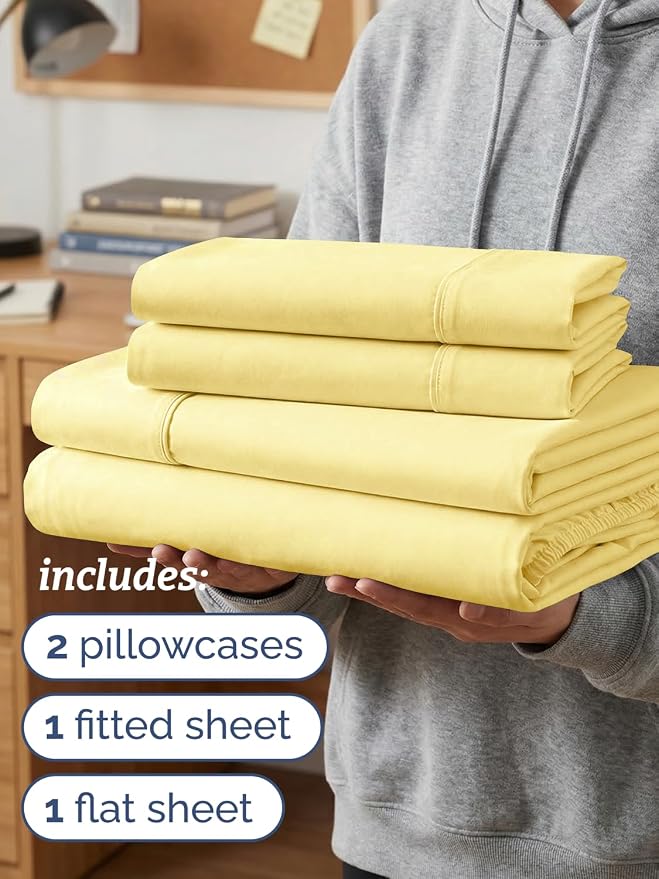 Twin XL 4 Piece Sheet Set - College Dorm Room Essentials - Yellow | Ultra Soft Dorm Bedding Set, 8" to 16" Inch Deep Pockets, 1 Flat & 1 Fitted Sheet & 2 Pillowcases, Wrinkle & Fade Free