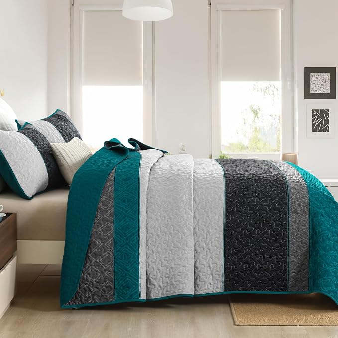 Cottolester Boho Quilt Set Queen,Striped Plaid Bedspreads Set,Peacock Blue | Lightweight Coverlets Set with 2 PillowShams,All Seasons Microfiber Quilt Bedding Sets for Bedroom Guest Room 96"x90"