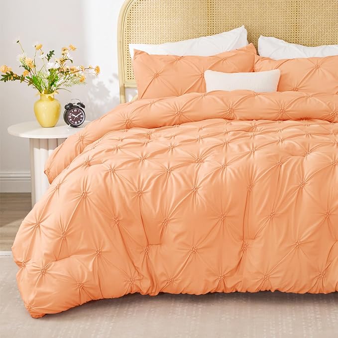 BEDELITE Queen Comforter Set Apricot,Lightweight & Soft Comforter | Pintuck Boho Bedding, Warm & Cute Bed Set for All Season,With 2 Pillowcases