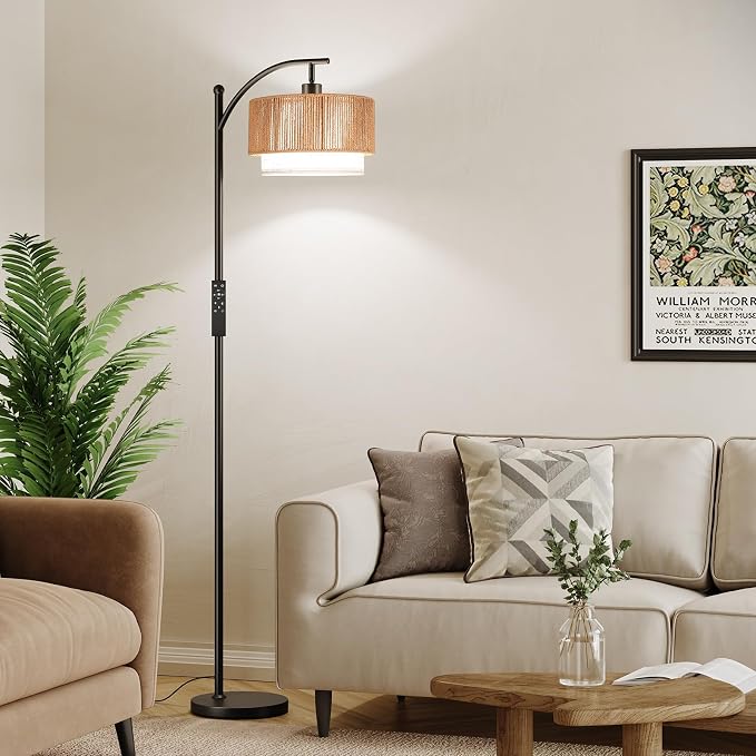 SUNMORY Arc Floor Lamps for Living Room with 12W Remote and Dimmable Bulb | Farmhouse Floor Lamps with Adjustable Rattan & Fabric Shades, LED Lamp, Boho Standing Lamp for Bedroom, Corner, Home Decor