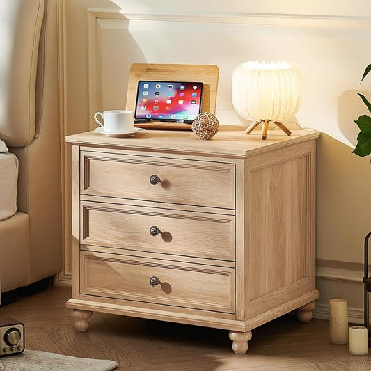 Joaxswe 24" Wide Farmhouse Night Stand,Large End Table with 3 Drawers & Metal Handle,Natural Dresser for Bedroom, Bed Side Table Chest of Drawers Cabinet,Wood Nightstand for Living Room,Closet