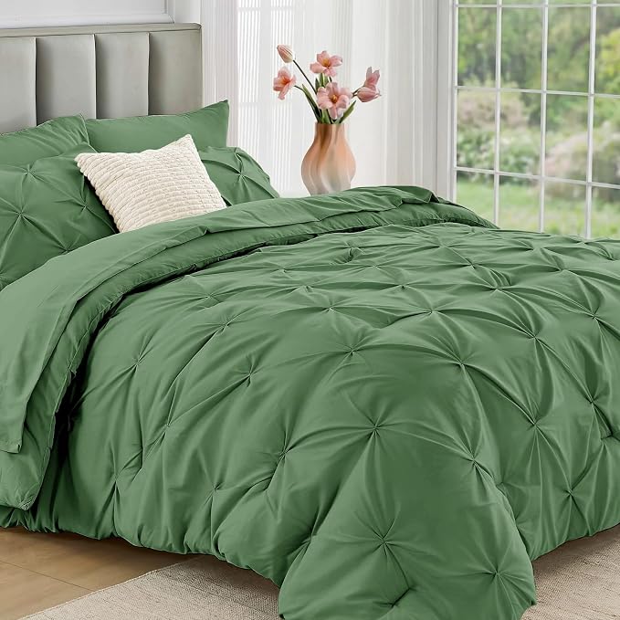 JOLLYVOGUE Twin Comforter Set 5 Pieces - Bed in a Bag Twin for All Season, Pintuck Bedding Comforter Sets with Comforter, Flat Sheet, Fitted Sheet and Pillowcases & Shams, Green