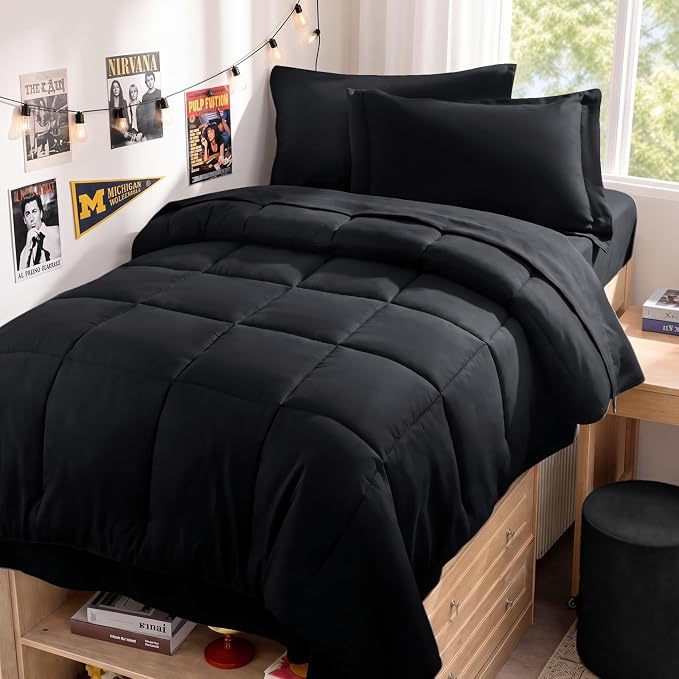JOLLYVOGUE Twin Comforter Set, Ultra-Soft Bed in a Bag Twin Size 5 Pieces, Oeko-TEX Certified Bedding Set with Down Alternative Comforter, Sheets, Pillowcases & Shams, Black