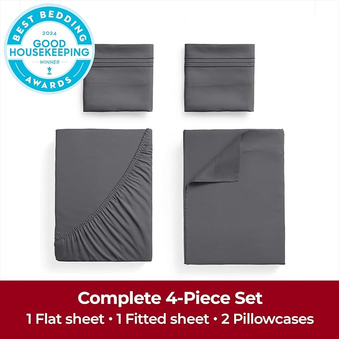 Mellanni Iconic 4-Piece, Ultra Soft Sheet Set (California King, Gray) | 10M+ Sleepers. Lab-tested: Sleeps Cool, Stays Bright, Strong, Smooth. Good Housekeeping Best Bedding, 7 yrs running.