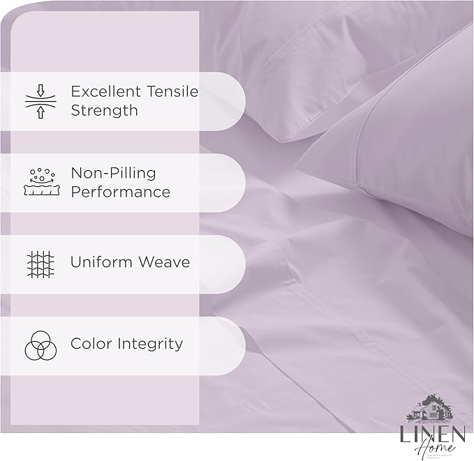 Linen Home 100% Cotton Percale Sheets Queen, 16" Deep Pocket - 4Pc Set, Crisp Cool Breathable Bed Linen, Made in Green, Iris Lilac