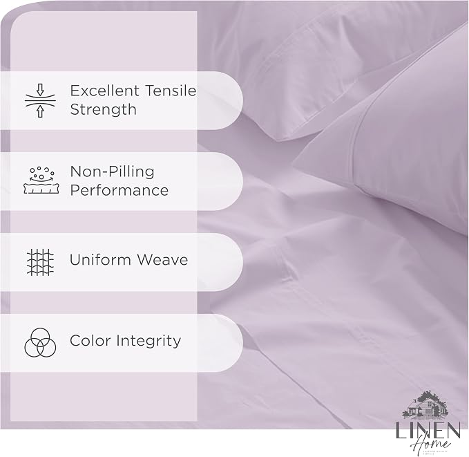 Linen Home 100% Cotton Percale Sheets Twin XL Size, Iris Lilac, Deep Pocket, 3 Pieces Set- 1 Flat, 1 Fitted and 1 Pillowcase, Crisp Cool and Long Staple Strong Bed Linen