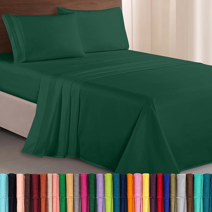 Elegant Comfort Luxurious 1500 Premium Hotel Quality Microfiber Three Line Embroidered Softest 4-Piece Bed Sheet Set, Wrinkle and Fade Resistant, Queen, Hunter Green