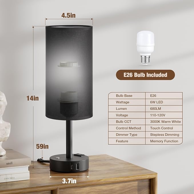 Black Touch Bedside Lamp for Bedroom, Stepless Dimmable, USB A+C, AC Outlet | Base Touch Button Only, Memory Brightness, Ultra-dim Night Light, Included Bulb for Optimal Dimming, Black Fabric Shade, Desk