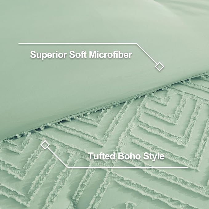 Litanika Queen Size Comforter Set, 3 Pieces Tufted Boho Bedding Set | Sage Green Farmhouse Shabby Chic Vintage Bohemian Textured Aesthetic Soft Fluffy Lightweight Breathable All Season Bed Set