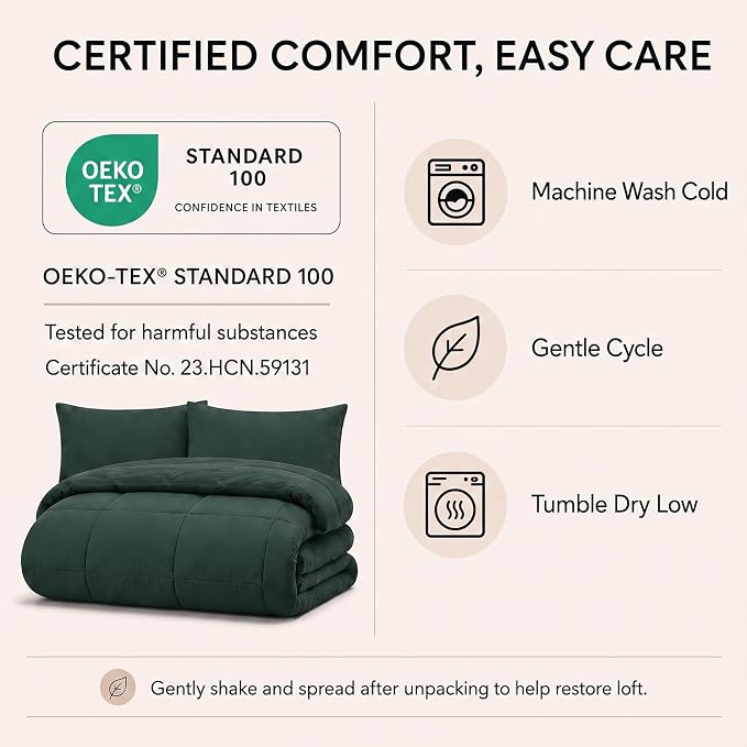 Oversized King Comforter Set Forest Green - 7 Pieces Bed in a Bag | OEKO-TEX Certified, All-Season, Bedroom, Guest Room, Down-Alternative Comforter + Flat & Fitted Sheets + 4 Pillowcases