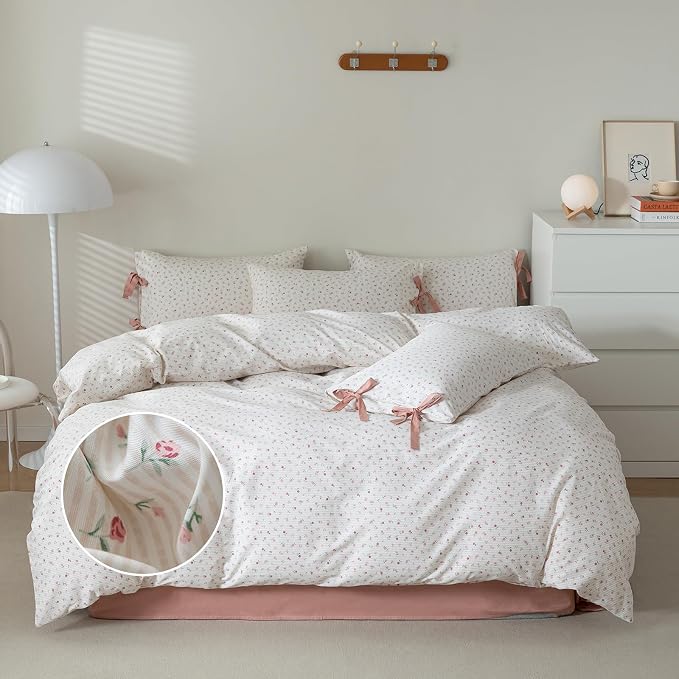 mixinni White Flower Pattern Duvet Cover King Pink Floral Stripes Duvet Cover Set 100% Cotton Bedding Set with Zipper Ties Bow Tie Pillowcases, Easy Care, Ultra Soft and Breathable-King Size