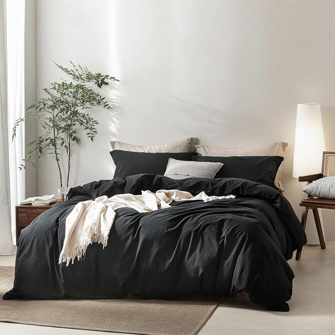 BDEAR 3Pcs Black Duvet Cover Set Super Queen Size 98" L x 90" W,Oeko TEX | 100% Washed Cotton, 1 Duvet Cover with 2 Pillowcases, Zipper Closure, 8 Corner Ties,Linen-Liked Texture, Skin Friendly