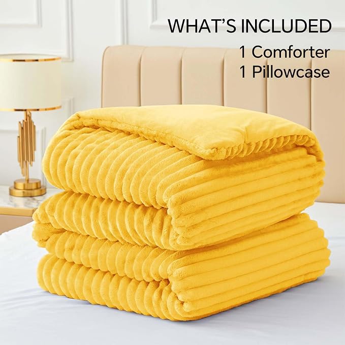 BEDELITE Fleece Twin/Twin XL Comforter Set, Fluffy Bed Set, Bright Yellow | Super Soft & Warm Bedding, Luxury Fuzzy Faux Fur Comforter for Winter, Heavy Plush Bedding, with 1 Pillowcase