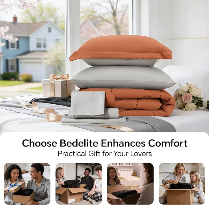 BEDELITE King Comforter Set 7 Pieces, Reversible Burnt Orange Bed in A Bag | Soft All Season Down-Alternative Comforter, Sheets, Pillowcases & Shams, OEKO-TEX Certified Bedding for Bedrrom, Guest Room