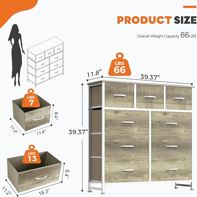 Sweetcrispy 9 Drawer Fabric Dresser Storage Tower Drawer Organizer, Oak | Sturdy Steel Frame with Wood-top, Easy-pull Handle, Space-Saving Organizer Chest for Bedroom, Closet, Lightweight and Stable