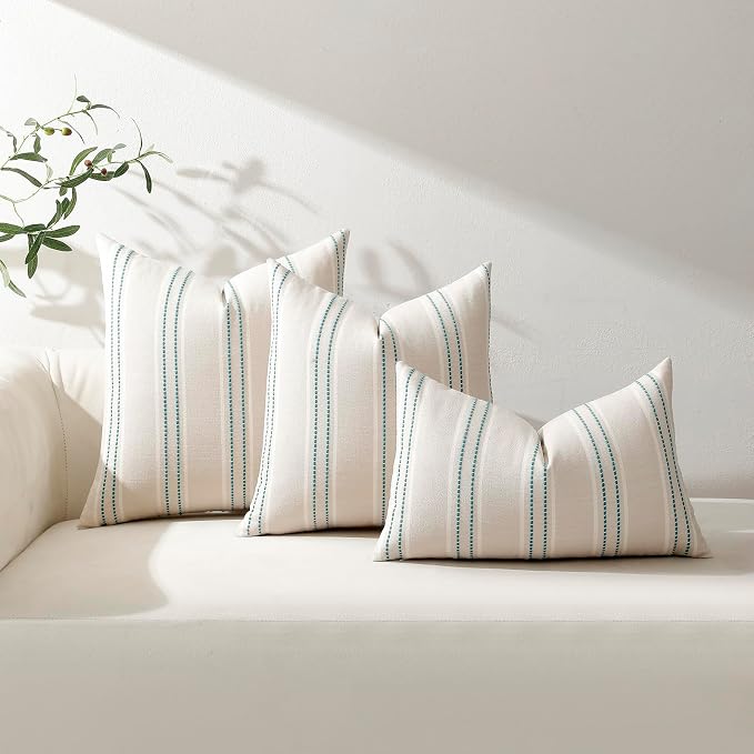 Hckot Stripe Throw Pillow Covers 18x18 Set of 2 Teal Blue Pillow Covers | Farmhouse Decorative Pillows Textured Linen Square Cushion Covers for Sofa Couch Bed Living Room Decor