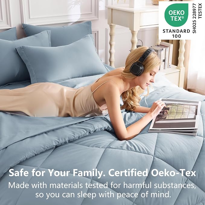 Full Size Comforter Sets Dusty Blue - 7 Pieces Complete Bedding Set | OEKO-TEX Certified, All Season, 240GSM Down-Alternative Comforter, Sheets, Pillowcases & Shams, 14" Deep Pocket, Easy Care