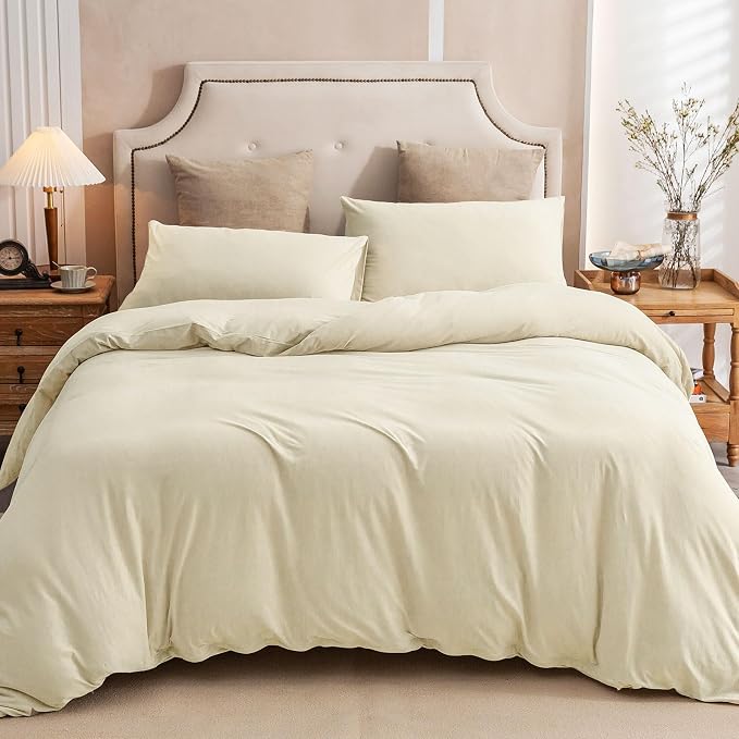 PURE ERA Jersey Knit Sheet Set Solid Creamy White California King | 100% Cotton, 3 Piece Set, T Shirt Soft, Breathable, Envelope Closure Pillowcases, Hidden Zipper, 8 Ties, No Insert, Modern