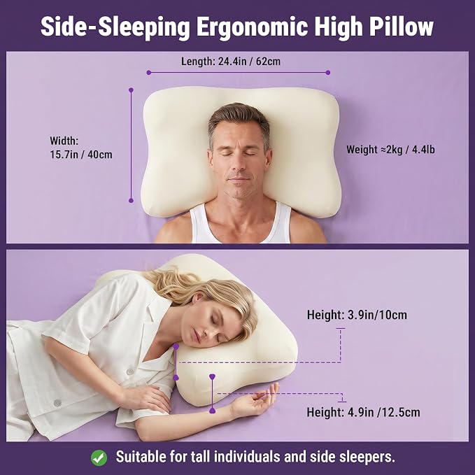 ZZ-WELL Neck Pillow for Sleeping - Side Sleeper Pillow with Cooling Pillowcase - High Density Memory Foam Pillows for Broad Shoulders Adults - Heavy & Thick Bed Pillows, Standard Size (Beige)