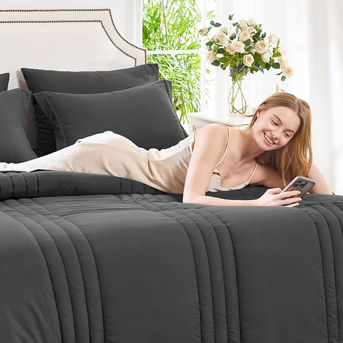 Oversized King Comforter Set Dark Grey- 7 Pieces Bed in a Bag | OEKO-TEX Certified, 240GSM Down-Alternative Comforter, 14" Deep-Pocket Sheets, Shams & Pillowcases, Lightweight