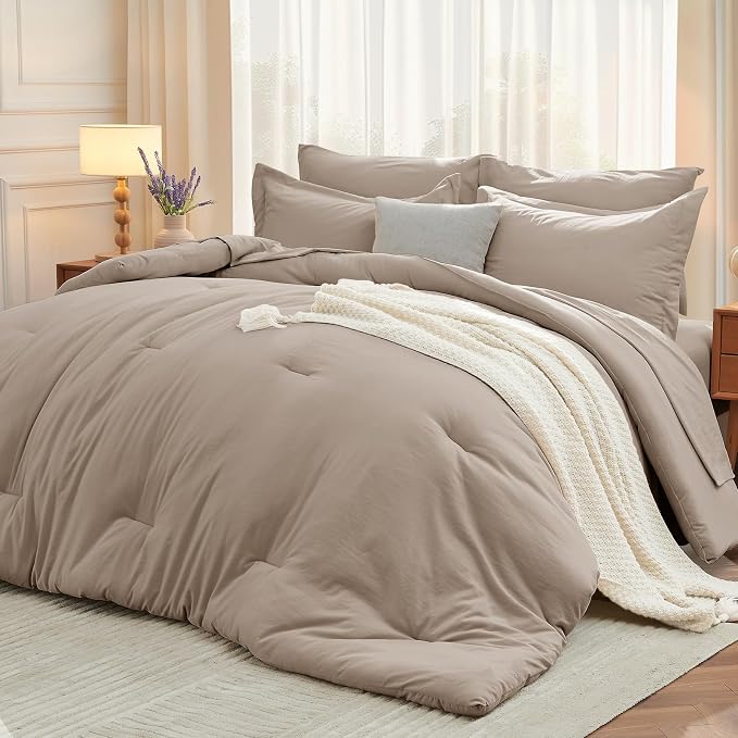 7 Pieces King Comforter Set, Soft Bed in a Bag King Size, All Season Bedding Set with Comforter, Flat Sheet, Fitted Sheet, Pillowcases & Shams, Linen