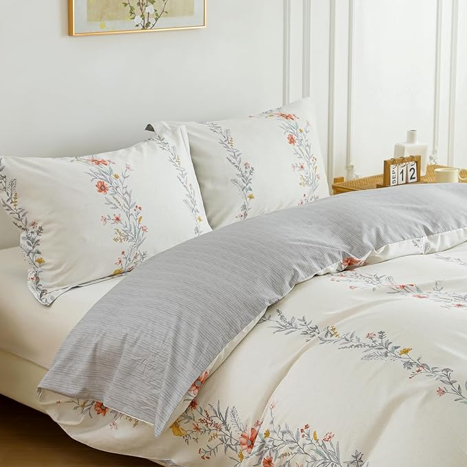 OAITE Twin Duvet Cover Set 3pcs 100% Cotton with Wildflower Stripe | Floral Pattern,Soft, Breathable,Long-lasting,Comfort,Hidden Zipper,8 Corner Ties,Easy Care for All Season