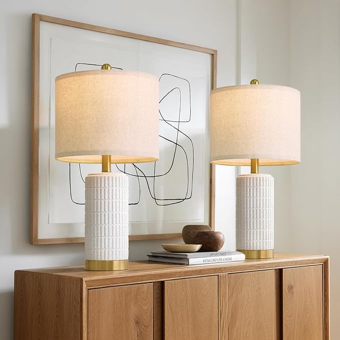 PoKat 21.5'' Stone-Like Bedside Table Lamps Set of 2 for Bedroom with 2 USB A+C, Modern Lamps for Living Room, Ceramic Nightstand Desk Lamps with Charging Ports Office Dorm Sideboard (Frosted White)
