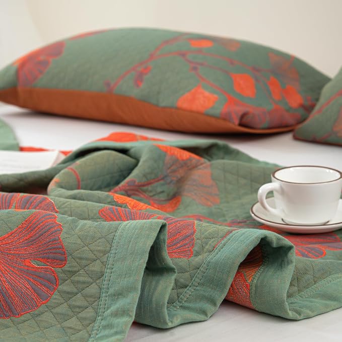 100% Cotton Muslin Blanket Jacquard Green Orange Floral Ginkgo Leaves Quilt, Soft Bed Cover Lightweight Breathable Gauzy Reversible Bedspread Coverlet Full/Queen(78"x94"), No Pillow Sham