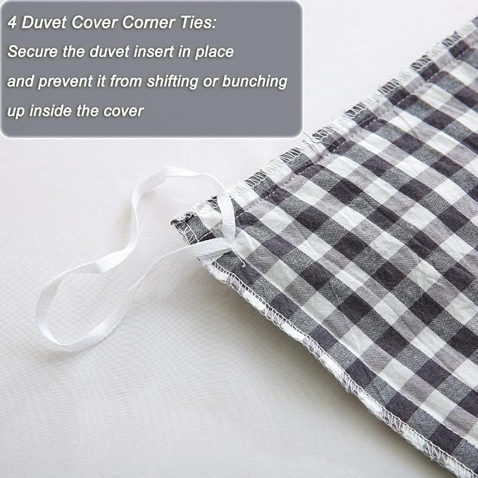 Silnuo Black/White Gingham Plaid Ruffle 3-Piece Duvet Cover Set Twin Size | 100% Washed Cotton Shabby Checkered Bedding Set Farmhouse Comforter Cover Set(Twin,Black/White)