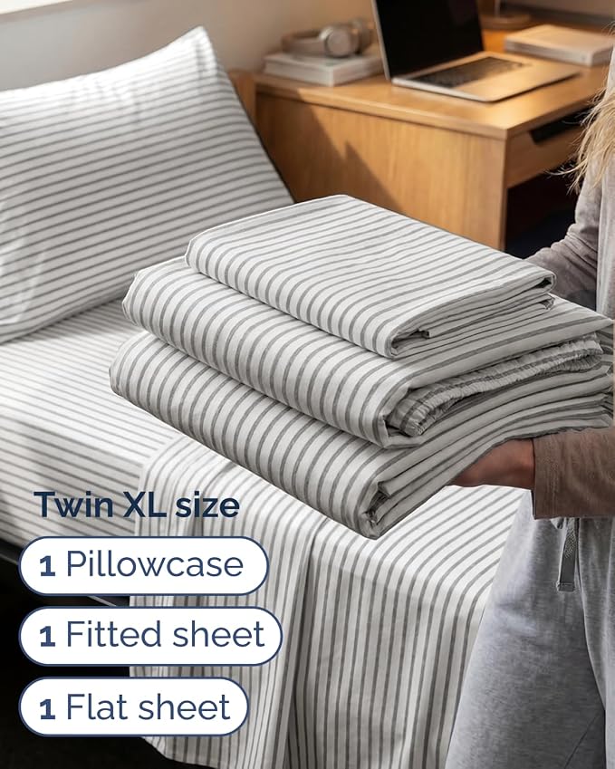 Twin XL Size 3 Piece Sheet Set - Breathable & Cooling Sheets - Grey Stripes | Hotel Luxury Bed Sheets for Women & Men, Deep Pockets, Easy-Fit, Extra Soft & Wrinkle Free Sheets, Oeko-Tex Bed Sheet Set