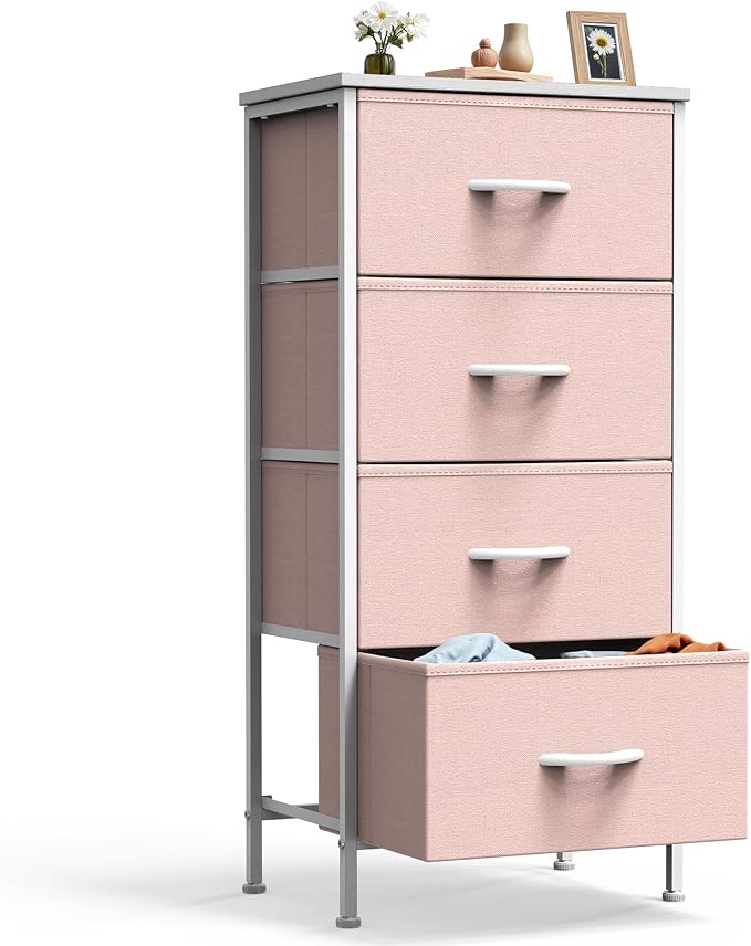 DUMOS Nightstand, Bedside Table with 4 Fabric Drawers | Night Stand with Sturdy Steel Frame Wood Top, Small Narrow Dresser Organizer Furniture, Bedroom Closet Living Room, Pink