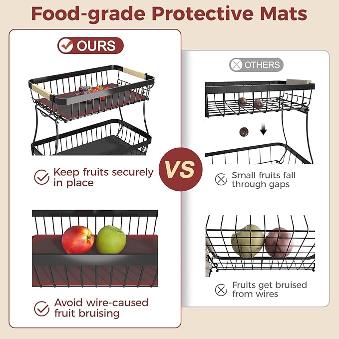 Sevenblue 3-Tier Fruit Basket with Banana Hangers, Detachable Metal Bowl | Wooden handle, protective mats included. Versatile holder for bread, snacks, and veggies. Large 3 tier metal design.