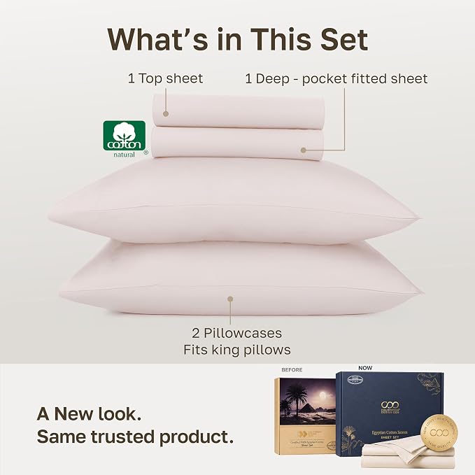 California Design Den 100% Egyptian Cotton King Size Sheets Set, Soft Rose | Backed by Good Housekeeping Seal, Light & Airy Soft Sateen, 16" Deep Pocket, All-Around Elastic, Durable, Easy Care 4pc Set