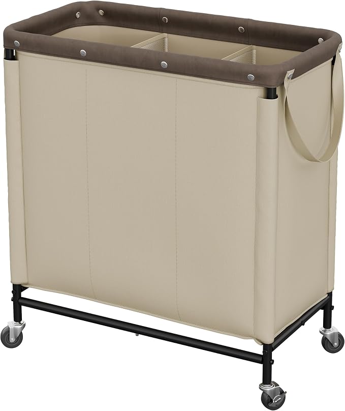 StorageWorks 2 Section Laundry Hamper, 120L Tan Sorter Cart with Wheels | 3 Section Laundry Hamper with Wheels, Tan Sorter Cart, Rolling Organizer for Bedroom, Bathroom, Apartment