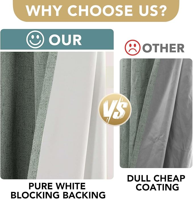 H.VERSAILTEX Linen Curtains 100% Blackout Curtains for Bedroom 102 inch Long Full Light Blocking Nature Linen Blended Window Curtains for Living Room Nickel Grommet (2 Panels, Green Bay)