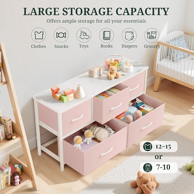 5-Drawer Dresser for Bedroom, Anti-Tip Wide Storage Organizer Fabric | Chest of Drawers TV Stand for 45" TV with Wooden Top and Metal Frame for Closet, Living Room, Hallway, Entryway, Pink