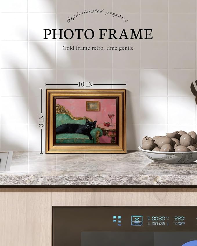 VIYYIEA Vintage Gold Framed Wall Art for Living Room, Black Cat Canvas Prints Home Decor, Oil Painting Picture, Bedroom Wall Decor Gifts for Friends or Family -【Lying Cat】-(10L x 8W)
