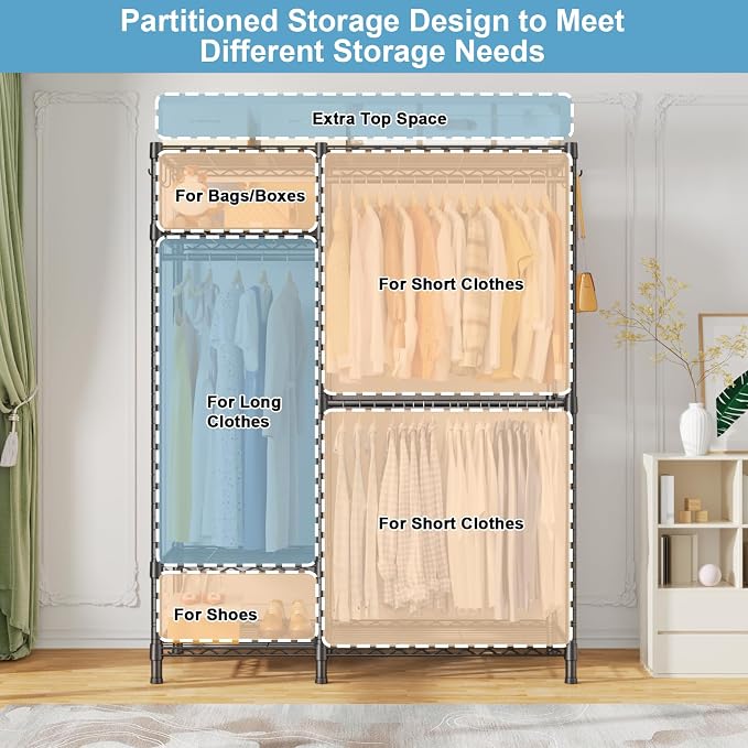 Ulif F7 Medium Clothes Rack, Clothing Racks for Hanging Clothes, Black | Heavy Duty Garment Rack, 6-Tiers Freestanding Portable Closet Storage Racks 45'' W × 14.6'' D × 76.6'' H, Max Load 750 Lbs