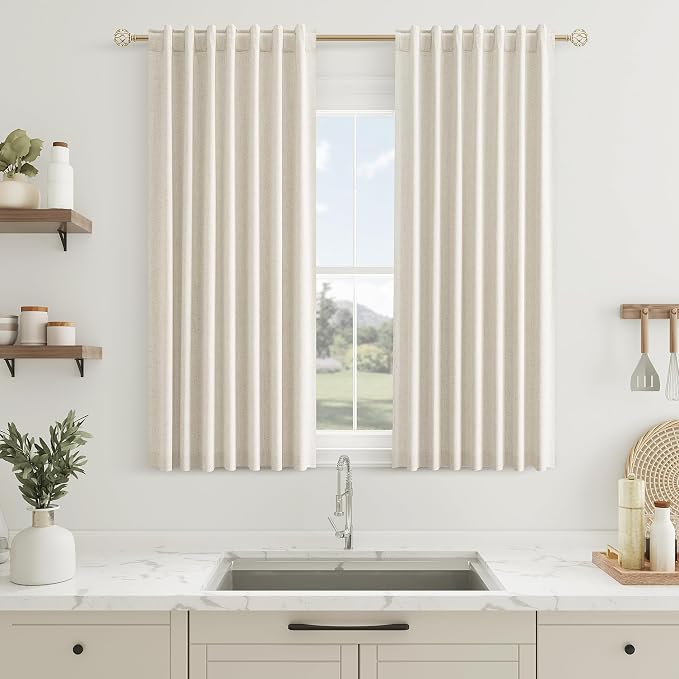 100% Blackout Curtains 45 Inch Length 2 Panels Set for Living Room Bedroom Back Tab Thermal Insulated Black Out Linen Drapes Room Darkening Window Curtains 45 Inches Long