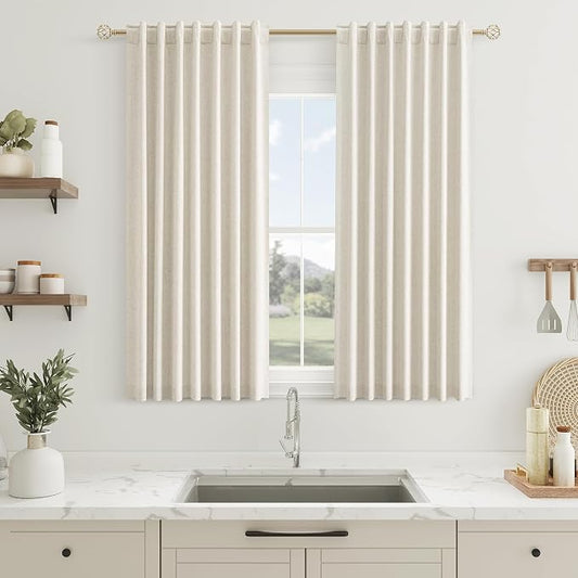 100% Blackout Curtains 45 Inch Length 2 Panels Set for Living Room Bedroom Back Tab Thermal Insulated Black Out Linen Drapes Room Darkening Window Curtains 45 Inches Long